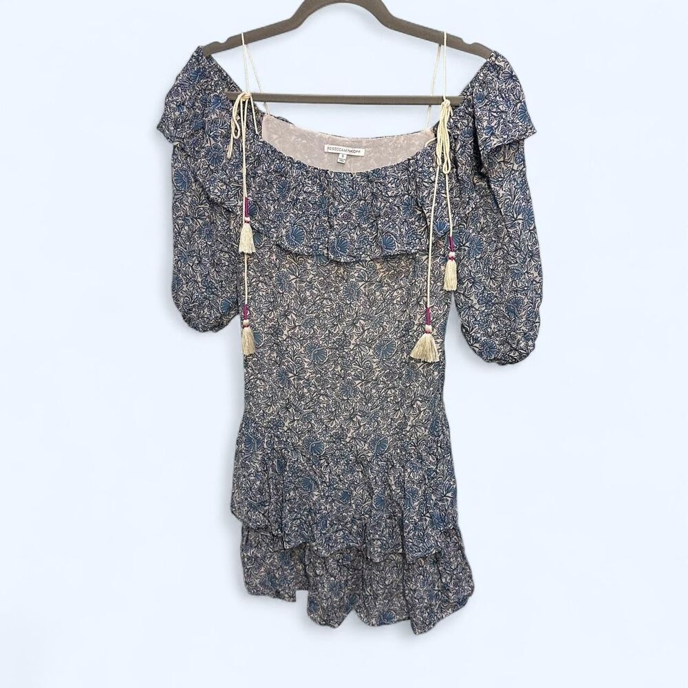 Rebecca Minkoff Dexter Blue Floral Off Shoulder Tassel Ruffle Mini Dress Size S